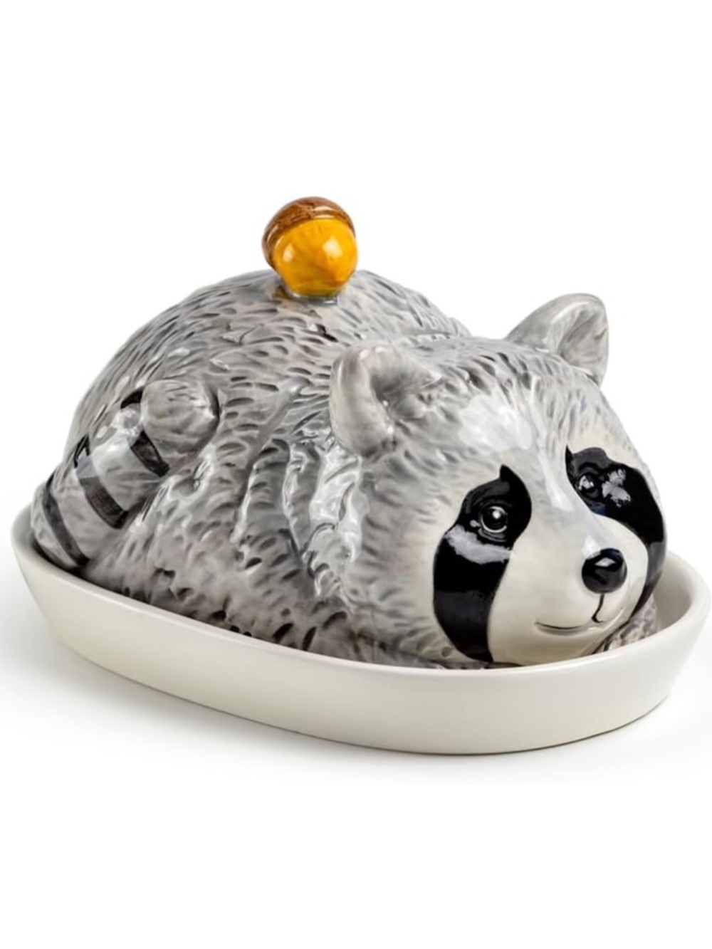 Potter’s Studio Whimsical Raccoon / Acorn Ceramic Butter Dish - Gray / White NEW